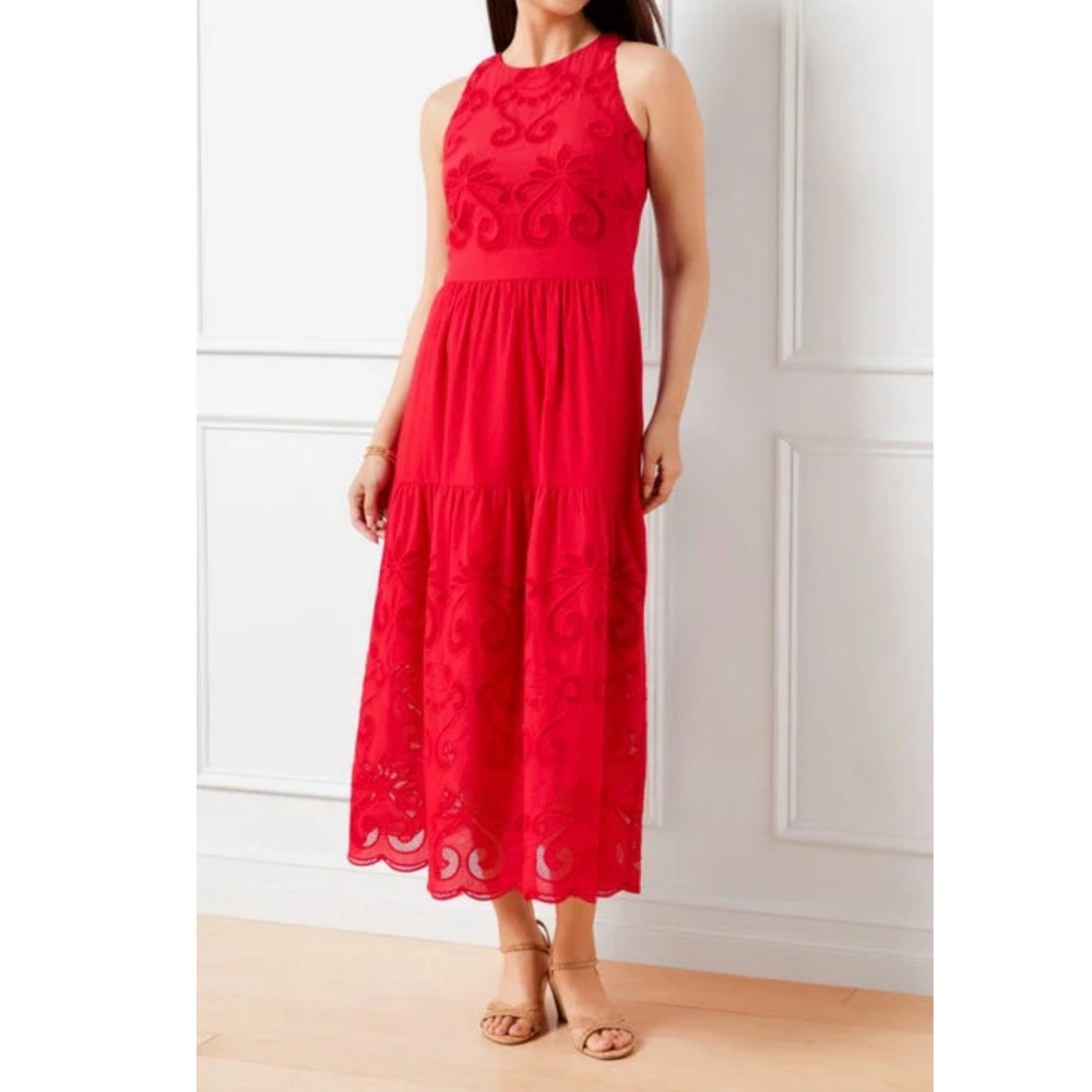 Talbots Plus Red Eyelet Embroidered Tiered Midi Dress 16W NWT